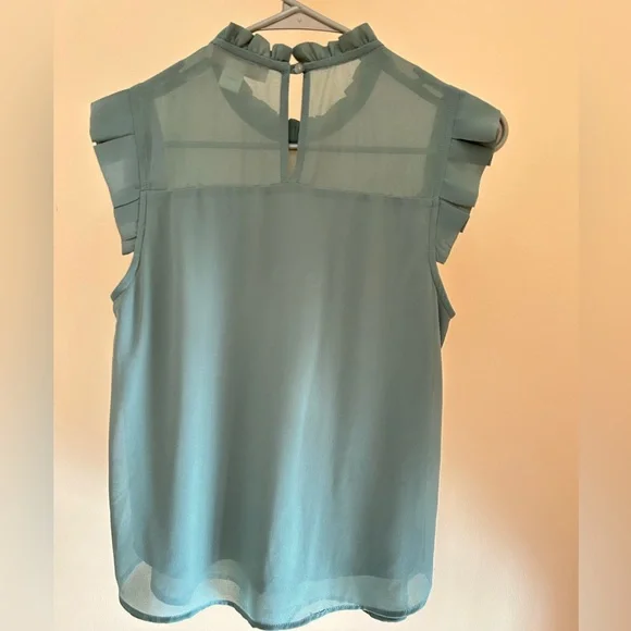 Monteau LA Sage Green Ruffle Sleeveless Blouse | Women S | Sheer Yoke Flowy Top - Picture 3 of 7